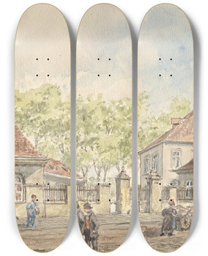 Triptych art skateboard deck of Gustav Korompay Die Hohlweggasse In Wienlandstrae by Gustav Korompay (1833-1907)