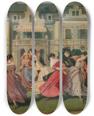 Triptych art skateboard deck of Moritz Von Schwind Gesellschaftsspiel by Moritz Von Schwind (1804-1871)