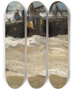 Triptych art skateboard deck of Hendrik Willem Mesdag Fishing Boats In The Surf by Hendrik Willem Mesdag (1831-1915)