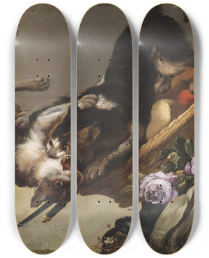Triptych art skateboard deck of Frans Snyders Kmpfende Katzen by Frans Snyders (1579-1657)