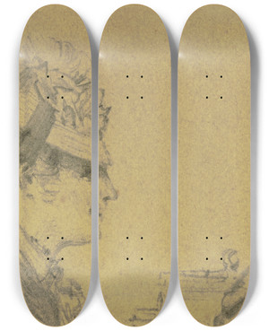 Triptych art skateboard deck of Adolph Von Menzel Dame Mit Kapotthut Im Gesprch Mit Zwei Herren by Adolph Von Menzel (1815-1905)