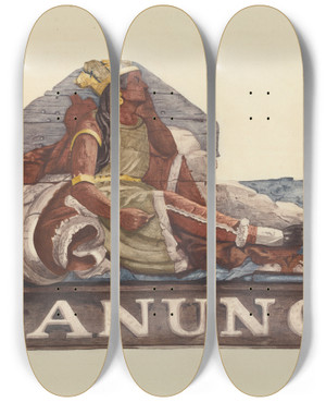 Triptych art skateboard deck of Mildred E Bent Sternpiece From Shanunga by Mildred E Bent