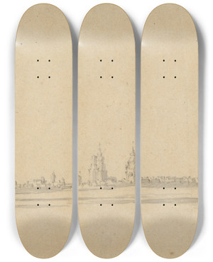 Triptych art skateboard deck of Willem Van De Velde The Younger View Of A Dutch Town Delft by Willem van de Velde the Younger (1633-1707)