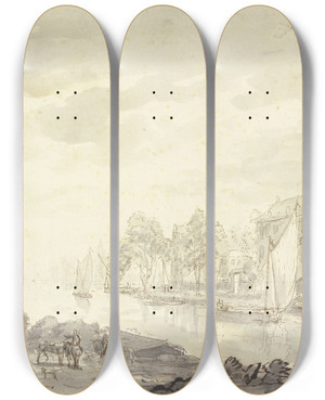 Triptych art skateboard deck of Abraham Rademaker Stadtansicht Am Fluss Vorne Ein Wagen Und Pferde by Abraham Rademaker (1675-1735)