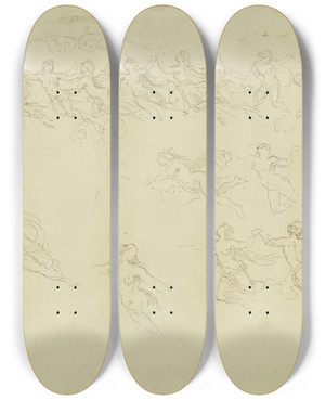 Triptych art skateboard deck of Moritz Von Schwind Study Sheet Elfin Dance by Moritz Von Schwind (1804-1871)