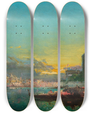 Triptych art skateboard deck of Henri Duvieux Venice Scene At Dusk Before Santa Maria Della Salute by Henri Duvieux (1855-1882)