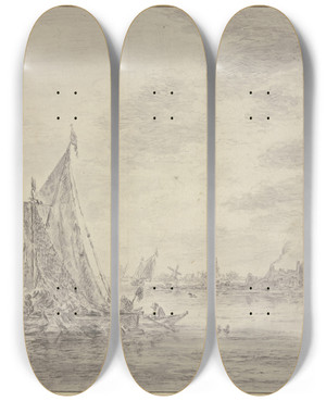 Triptych art skateboard deck of Jan Van Goyen Auf Einem Fluss Viele Fischerbote Rechts Ein Dorf by Jan Van Goyen (1596-1656)