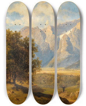 Triptych art skateboard deck of Josef Thoma Travellers With A View Of The Dachstein Massif by Josef Thoma (1828-1899)