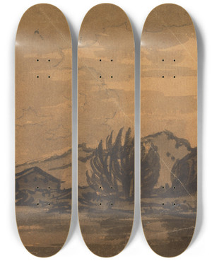 Triptych art skateboard deck of William Gilpin Landscape With House At The Riverbank by William Gilpin (1724-1804)