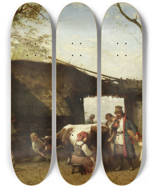 Triptych art skateboard deck of Aleksander Kotsis In The Farmyard by Aleksander Kotsis (1836-1877)