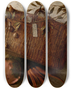 Triptych art skateboard deck of Augusto Ferri Straw Basket With Fish by Augusto Ferri (1829-1895)