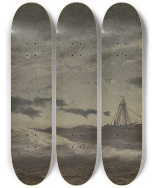 Triptych art skateboard deck of Anton Melbye Fishing Boat At Sea by Anton Melbye (1818-1875)