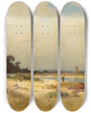 Triptych art skateboard deck of Josef Willroider Bavarian River Landscape With Women Gathering Wood by Josef Willroider (1838-1915)