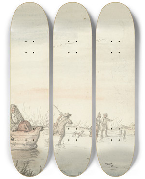 Triptych art skateboard deck of Gerrit Grasdorp Wintergezicht Op Het Zwarte Water Bij Zwolle_1 by Gerrit Grasdorp (1659-1716)