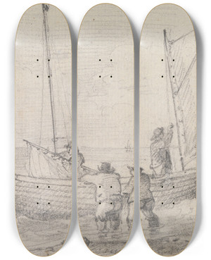 Triptych art skateboard deck of Thomas Hastings Sketch Of A Group Preparing The Sails Near The Shore Hastings by Thomas Hastings (1778-1854)