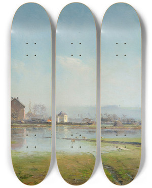 Triptych art skateboard deck of Ivan Pavlovich Pokhitonov Petite Maison Jupille Prs Lige by Ivan Pavlovich Pokhitonov (1851-1924)