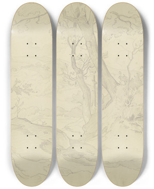 Triptych art skateboard deck of August Lucas Bergige Waldlandschaft Bei Affile by August Lucas (1803-1863)