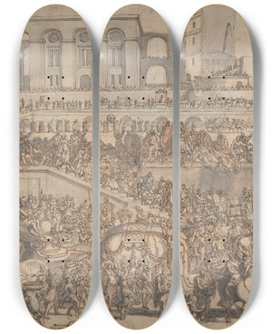 Triptych art skateboard deck of Sbastien Leclerc Alexander Entering Babylon by Sebastien Leclerc (1637-1714)