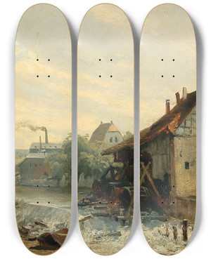 Triptych art skateboard deck of Heinrich Deiters Mill At Broich by Heinrich Deiters (1840-1916)