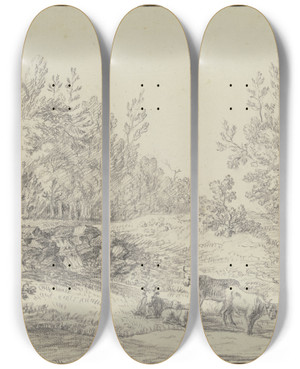 Triptych art skateboard deck of Christian Georg Schtz The Elder Waldlichtung Im Vordergrund Drei Khe Und Zwei Schafe by Christian Georg Schtz the elder (1718-1791)