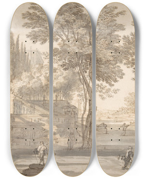 Triptych art skateboard deck of Isaac De Moucheron Classical Landscape by Isaac de Moucheron (1667-1744)