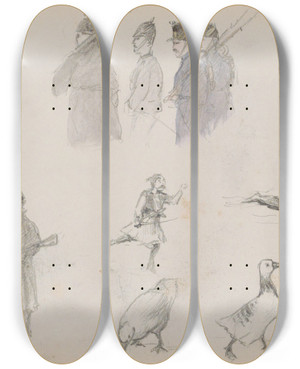 Triptych art skateboard deck of Marius Bauer Militairen Ganzen En Een Zwijn by Marius Bauer (1867-1932)