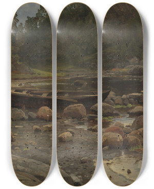 Triptych art skateboard deck of Anders Askevold Waterside With Boats by Anders Askevold (1834-1900)