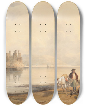 Triptych art skateboard deck of Thomas Miles Richardson Conway Castle North Wales by Thomas Miles Richardson (1784-1848)