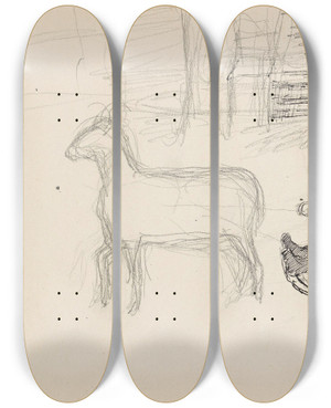 Triptych art skateboard deck of Signe Scheel Barn Med Bukk by Signe Scheel (1860-1942)
