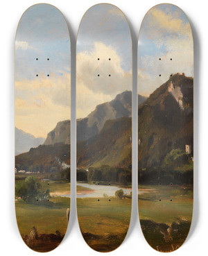 Triptych art skateboard deck of Ludwig Halauska Landschaft Bei Flintsbach Am Inn by Ludwig Halauska (1827-1882)