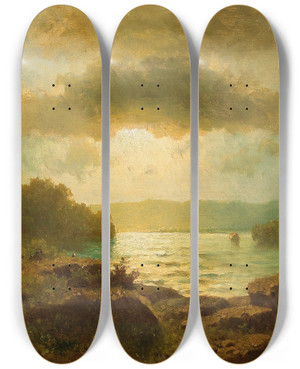 Triptych art skateboard deck of Adolf Chwala Sunset On A Lake by Adolf Chwala (1836-1900)