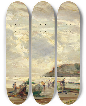 Triptych art skateboard deck of Carlo Follini Spiaggia Di Noli by Carlo Follini (1848-1938)