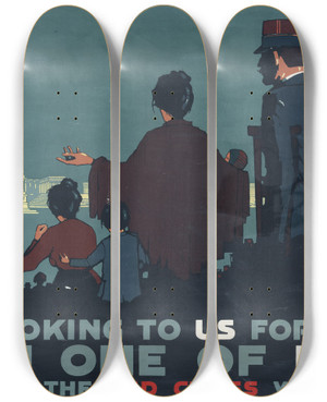 Triptych art skateboard deck of Ln Britton They Are Looking To Us For Help Are You One Of Us Add Your Bit To The Red Cross War Fund by L N Britton (19-20-)