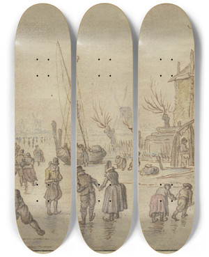 Triptych art skateboard deck of Hendrick Avercamp Winterlandschaft Auf Dem Eis Viele Schlittschuhlufer Rechts Schnallt Ein Mann Einer Frau Die Schlittschuhe An by Hendrick Avercamp (1585-1634)