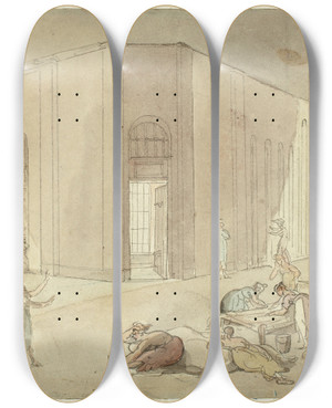 Triptych art skateboard deck of Augustus Charles Pugin Study For St Lukes Hospital From Microcosm Of London by Augustus Charles Pugin (1762-1832)