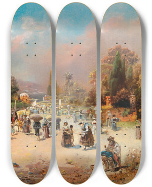 Triptych art skateboard deck of Robert Alott View Of The Via Appia by Robert Alott (1850-1910)