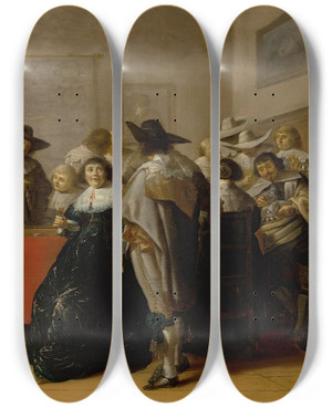 Triptych art skateboard deck of Anthonie Palamedesz Amsterdam An Elegant Company In Conversation Playing Games And Drinking In An Interior by Anthonie Palamedesz (1601-1673)
