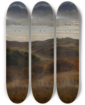 Triptych art skateboard deck of P C Skovgaard Hills Behind The Men Cliff by P C Skovgaard (1817-1875)
