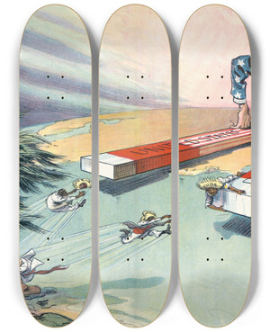 Triptych art skateboard deck of Udo Keppler The Pull Of The Monroe Magnet by Udo Keppler (1872-1956)