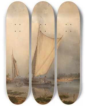 Triptych art skateboard deck of Carl Julius Von Leypold Barges By The Banks Of River Elbe by Carl Julius Von Leypold (1806-1874)