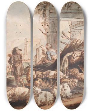 Triptych art skateboard deck of Jan Baptist Weenix Shepherd With A Flock Of Sheep And A Cow Among Ruins by Jan Baptist Weenix (1621-1660)