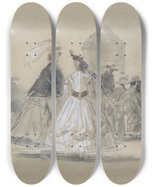 Triptych art skateboard deck of Eugne Boudin Crinolines On The Beach by Eugene Boudin (1824-1898)