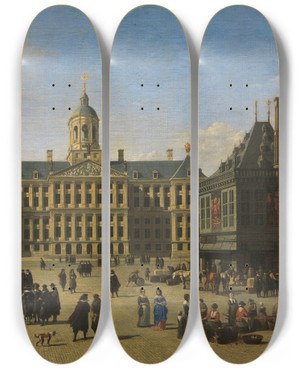 Triptych art skateboard deck of Gerrit Adriaensz Berckheyde The Dam In Amsterdam by Gerrit Adriaensz Berckheyde (1638-1698)