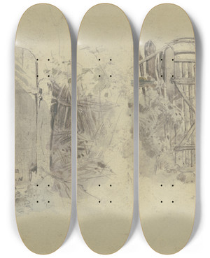 Triptych art skateboard deck of Jakob Frchtegott Dielmann Zwei Gartentore In Dausenau by Jakob Furchtegott Dielmann (1809-1885)