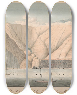 Triptych art skateboard deck of Alfred Diston Part Of The Bay Of The Town Of San Miguel La Palma by Alfred Diston (1793-1861)