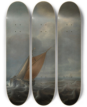 Triptych art skateboard deck of Justus De Verwer Ships On The Haarlemmermeer With Additional Vessels In The Distance by Justus de Verwer (1626-1689)