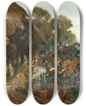 Triptych art skateboard deck of Hugo Charlemont A Rustic Garden In Blossom by Hugo Charlemont (1850-1939)