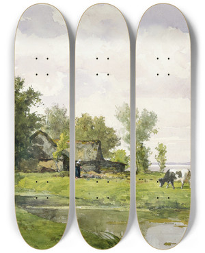 Triptych art skateboard deck of Willem Roelofs Farmhouse By A Ditch by Willem Roelofs (1822-1897)