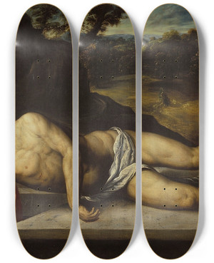 Triptych art skateboard deck of Paris Bordone Dead Christ Mourned By Angels by Paris Bordone (1500-1571)