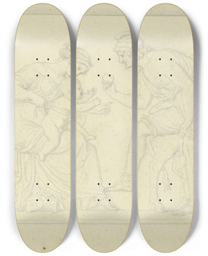 Triptych art skateboard deck of Gustav Kaupert Ein Bauer Reicht Einem Auf Dem Scho Der Mutter Sitzenden Kind Einen Apfel_2 by Gustav Kaupert (1819-1897)